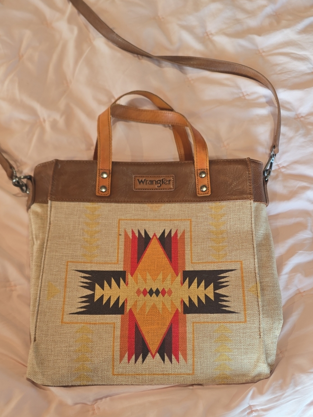 Wrangler Tan Canvas Shoulder Bag with Aztec Multi-Color Pattern